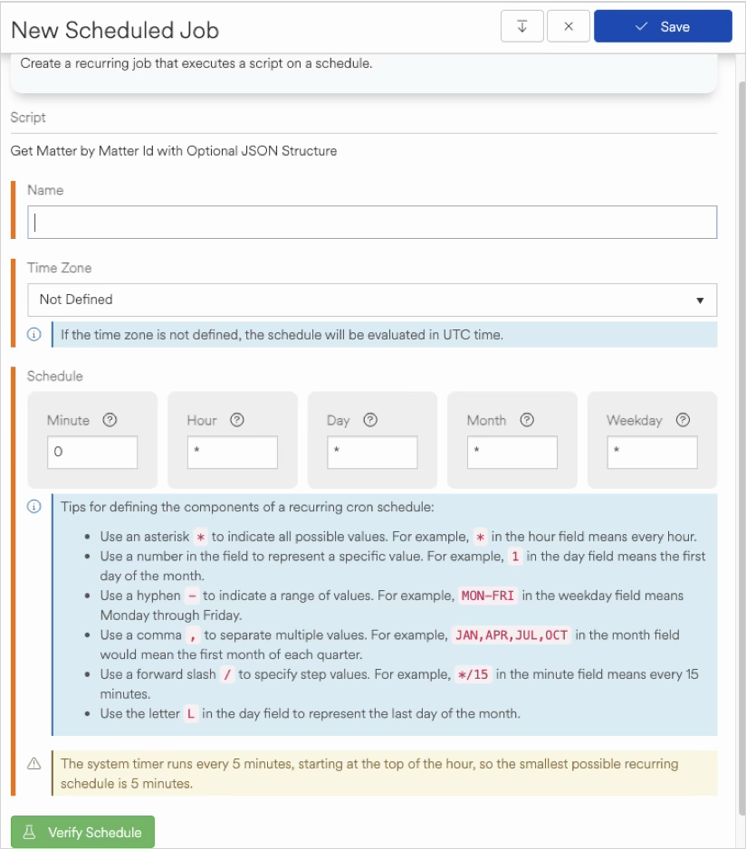 Instructions for scheduling a recurring job with cron syntax and time zone settings.